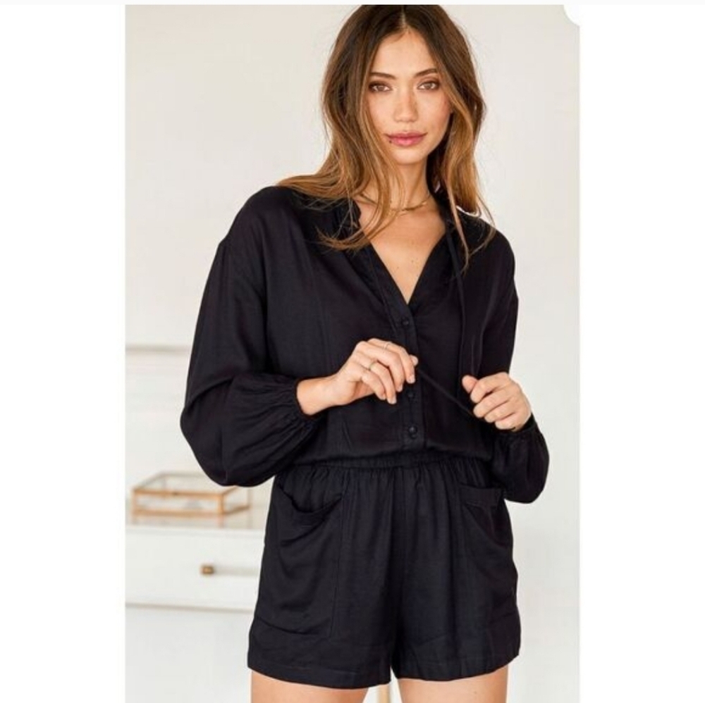 Lulu's Doing Alright Long Sleeve Shorts Romper Navy Blue